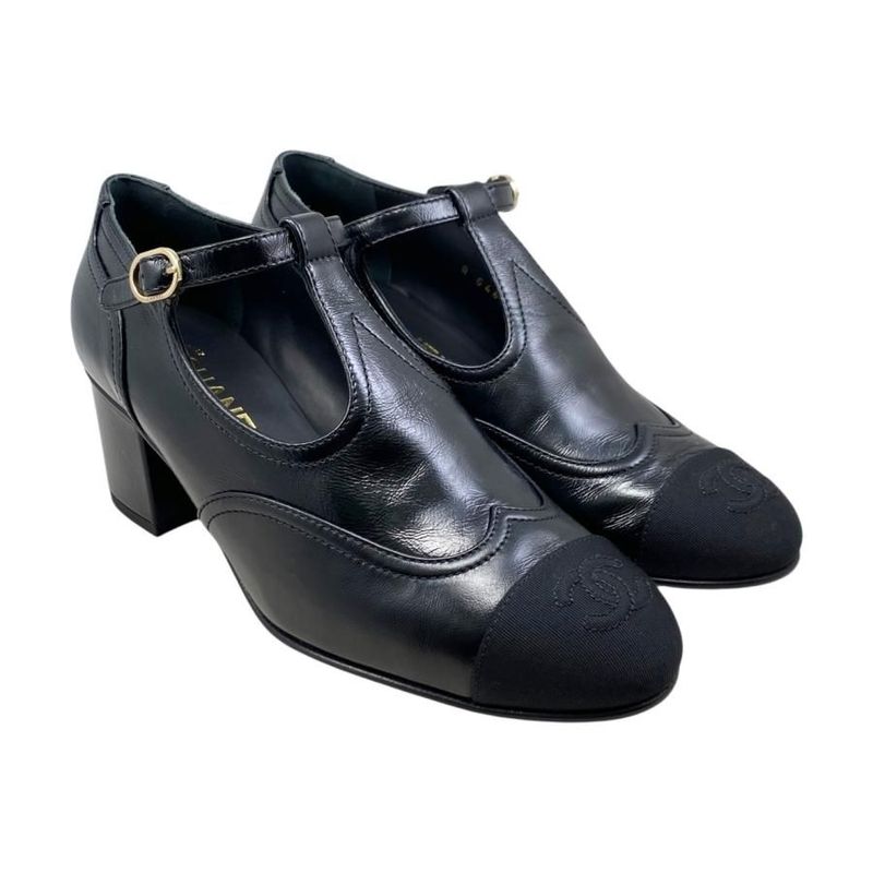 Chanel Heel Pumps Mary Jane 37 1 2 Size Leather Coco Mark Black — view 2