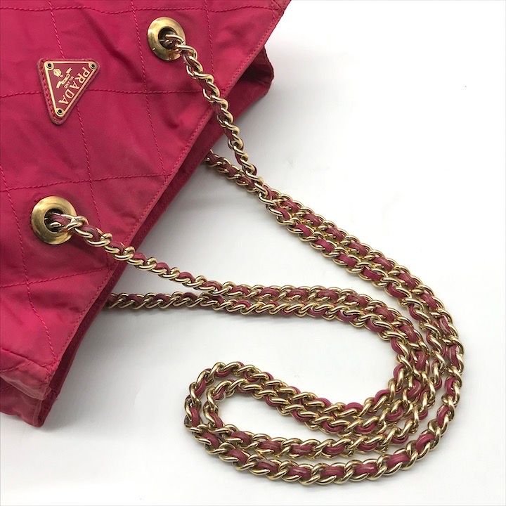 Prada Triangle Logo Tessuto Nylon Quilted Chain Tote Pink — view 7