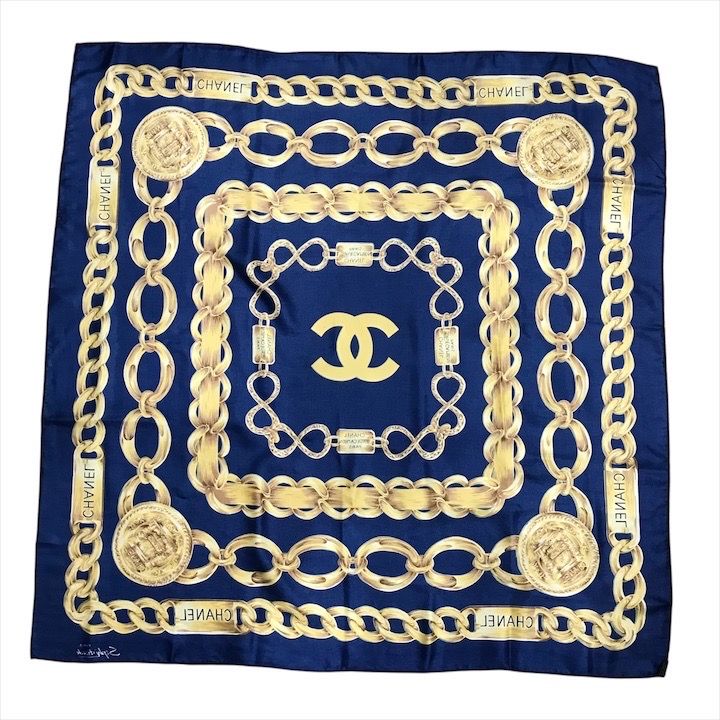 Chanel Chain Logo Scarf Large Silk 100% Navy — view 2