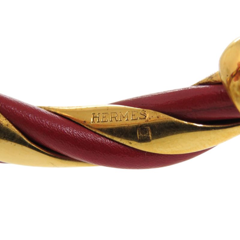 Hermes Twisted Metal Leather Red Gold Hardware Bangle 0079 — view 9