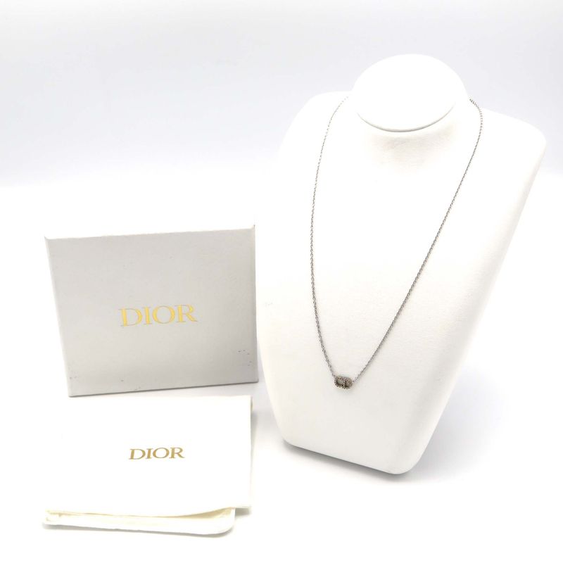 Christian Dior CD Logo Rhinestone Necklace Silver Color Accessories — view 6
