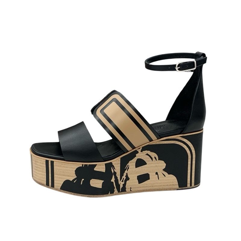Hermes Charis Sandals Shoes Leather Black Brown Brides De Gala Quadri — view 3