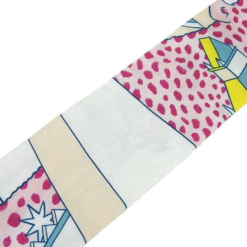 Hermes Twille Scarf 100% Silk Animapolis White Green Pink Multicolor Small — view 6