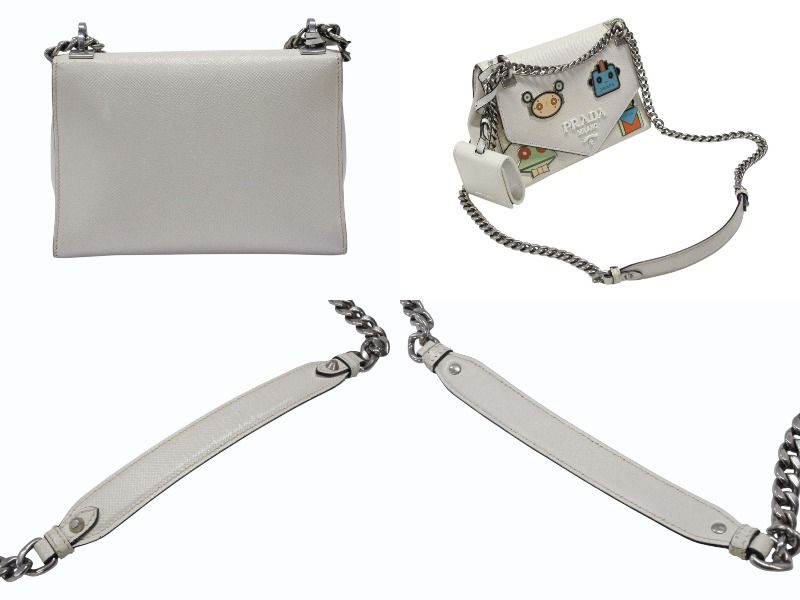 Prada Robot Monochrome Chain Shoulder Bag Saffiano Leather Ivory Silver — view 3