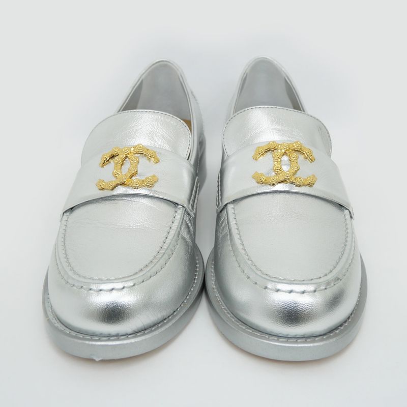 Chanel CC Logo Leather Loafers Silver Gold Hardware 37 1 2 — view 3