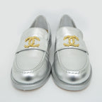 Chanel CC Logo Leather Loafers Silver Gold Hardware 37 1 2 — view 3