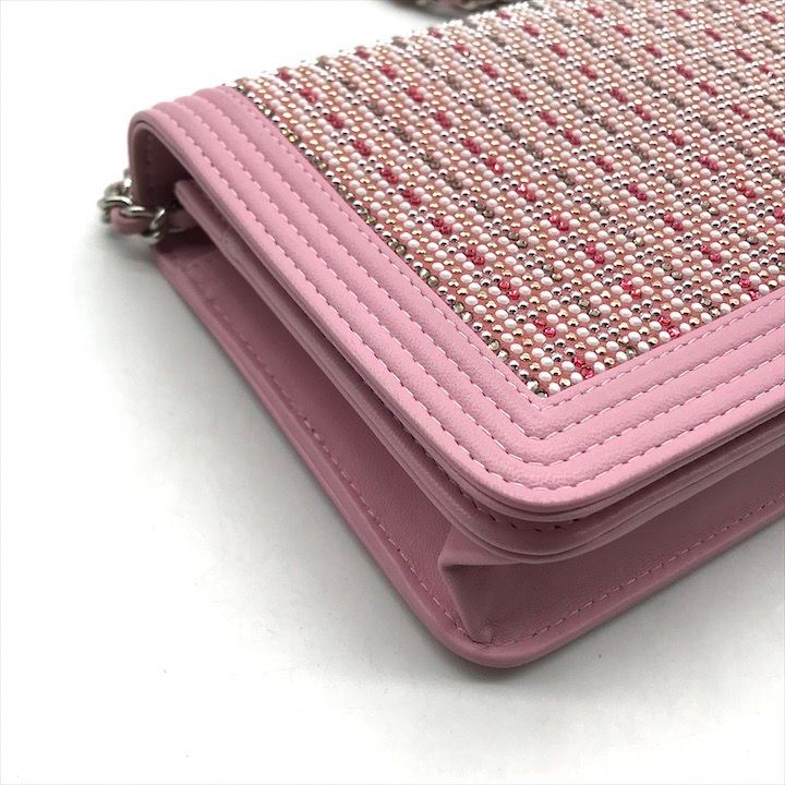 Chanel CC Logo Rhinestone Chain Wallet Shoulder Bag Pink — view 5