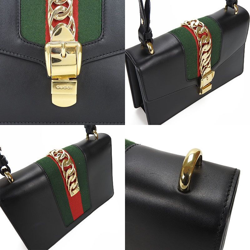 Gucci Shoulder Bag Sylvie Small Webline Leather Black Gold Hardware — view 6