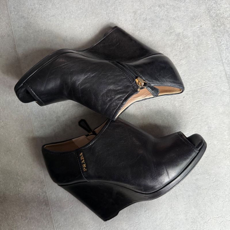 Prada Leather Wedge Sole Logo Booties 35 1 2 Short Boots Black — view 4