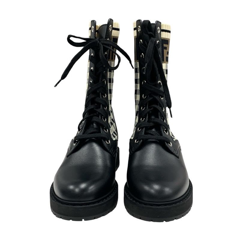 Fendi Rococo Boots Short Shoes Leather Fabric Black Ivory Brown Zucca — view 2