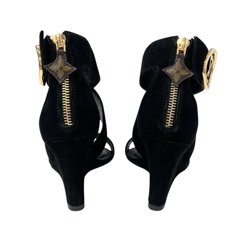 Louis Vuitton Horizon Line Sandals Shoes Suede Black Gold Lvhardware Wedge Sole — view 5