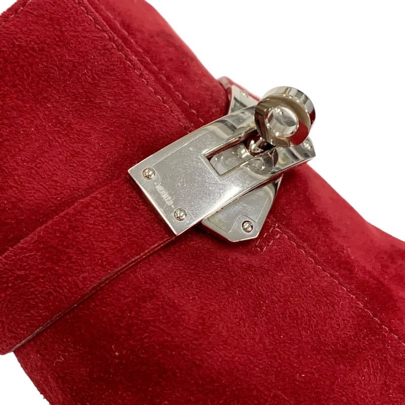 Hermes Saint Germain Boots Short Shoes Kelly Hardware Suede Red Silver — view 9