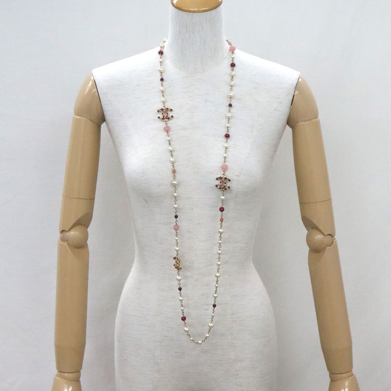 Chanel 3 Coco Mark Long Chain Necklace Pearl Multicolor Stone — view 5