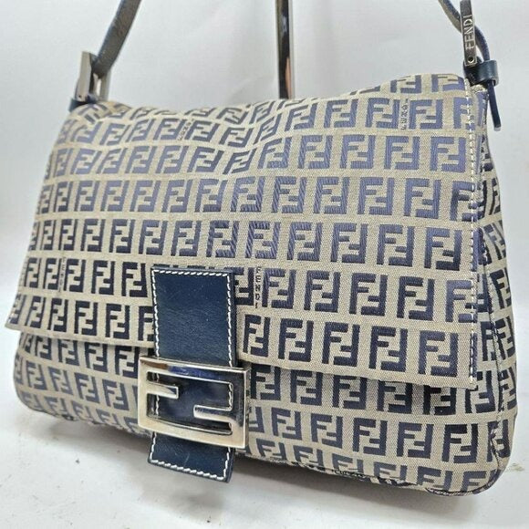 Fendi Mamma Zucca Bucket Baguette Navy Tan Flap Bag Purse Tote FF — view 9