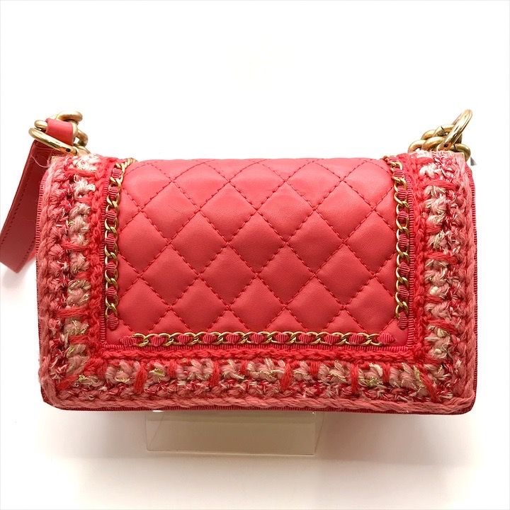 Chanel CC Logo Tweed Lambskin Chain Shoulder Bag Pink Gold — view 2