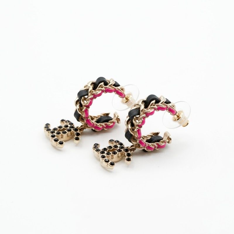 Chanel Earrings Gold Black Pink Coco Mark Hoop — view 4