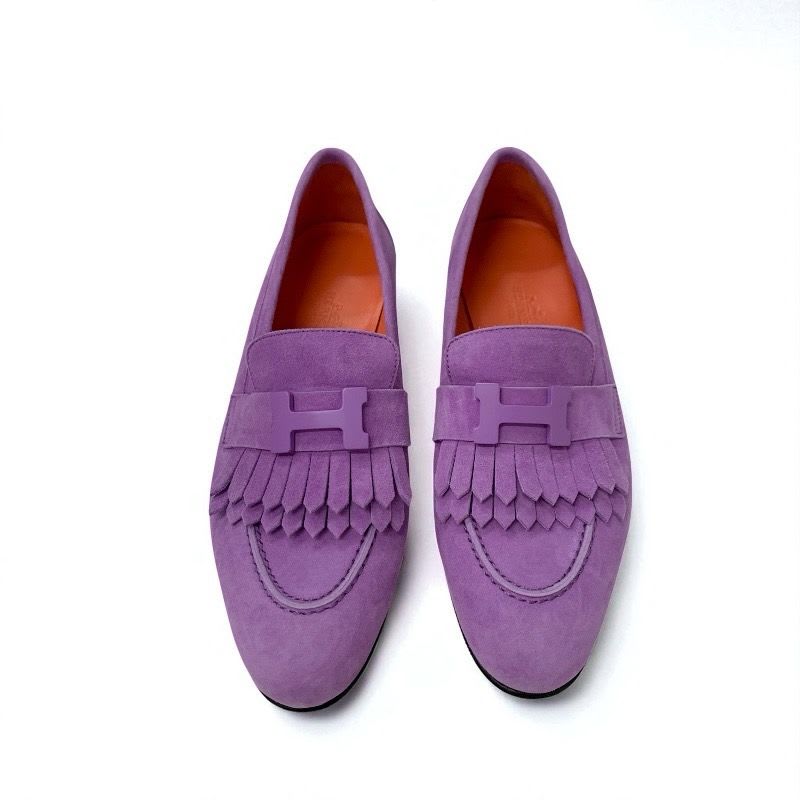 Hermes Royale Loafer Leather Shoes Suede Purple Moccasin Flat Hhardware — view 2