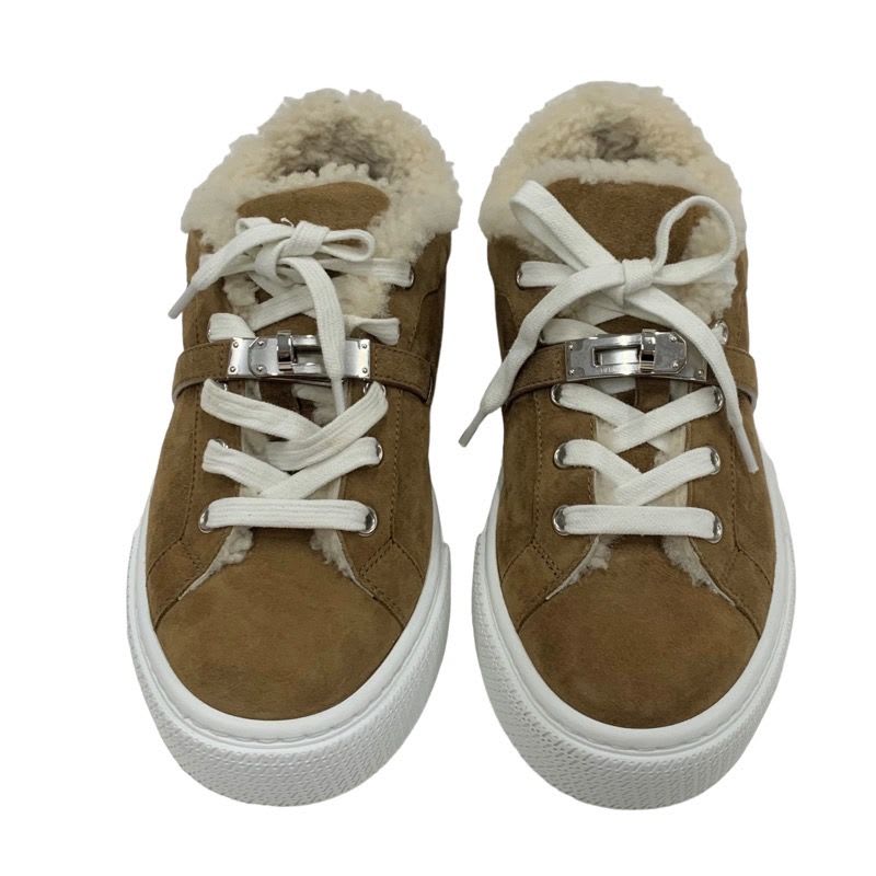 Hermes Day Sneakers Shoes Kelly Hardware Suede Shearling Brown — view 2