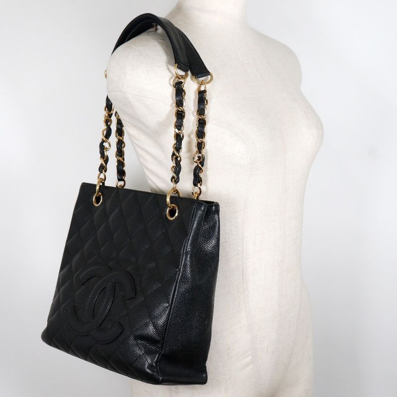Chanel Petite Shopping Tote PST Chain Quilted Caviar Leather Black Shoulder Bag — view 8