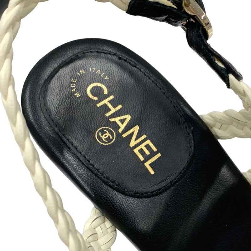 Chanel Sandals Shoes Lambskin White Black Coco Mark Braided Wedge Sole — view 7