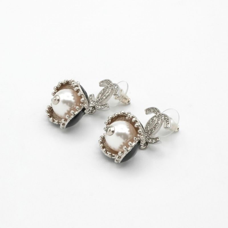 Chanel Earrings Silver Black Coco Mark Rhinestone Flower — view 3