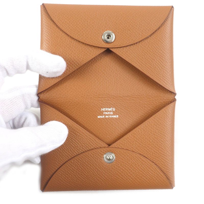 Hermes Calvi Vaux Epson Leather Card Case Coin Wallet Gold With Z Box — view 4