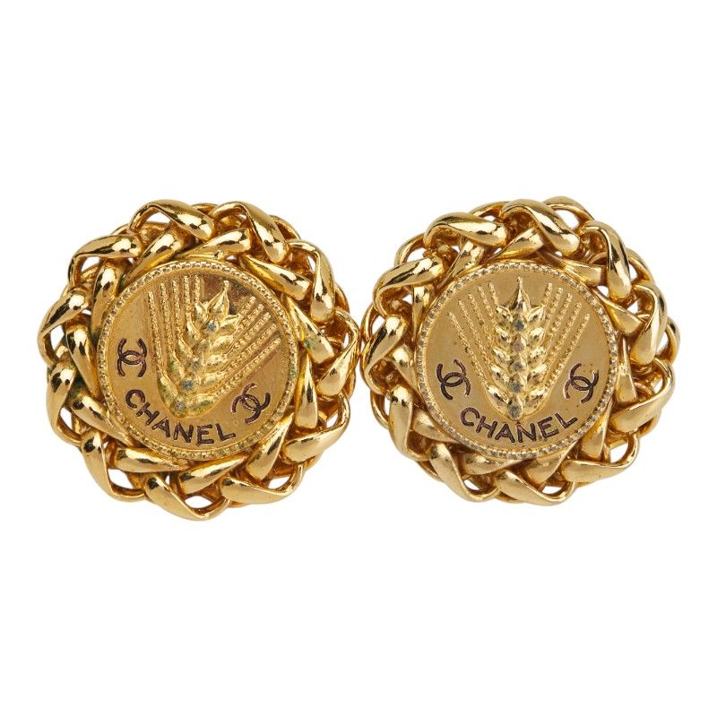 Chanel Coco Mark Earrings Round Barley Ear of Rice Motif Gold Plated — view 3