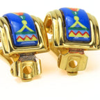 Hermes Earrings Emile Feather Pattern Metal Cloisonne Blue Multicolor Plated — view 6