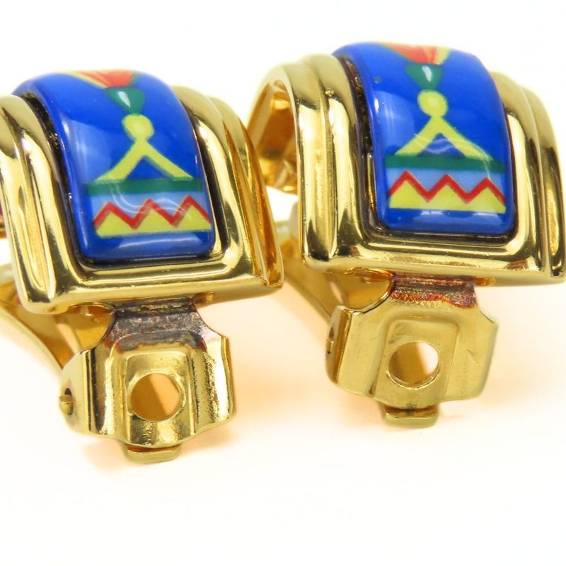 Hermes Earrings Emile Feather Pattern Metal Cloisonne Blue Multicolor Plated — view 6