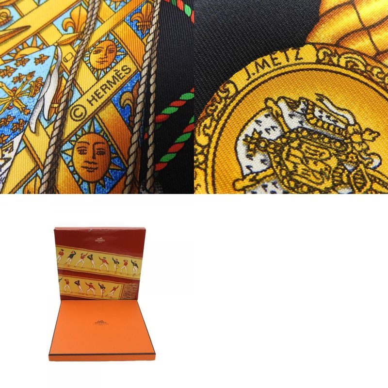 Hermes Scarf Carre 90 Silk Black Gold LES Tambours Tambour Drums — view 9