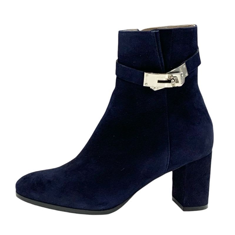 Hermes Saint Germain Boots Short Shoes Kelly Hardware Suede Navy — view 3