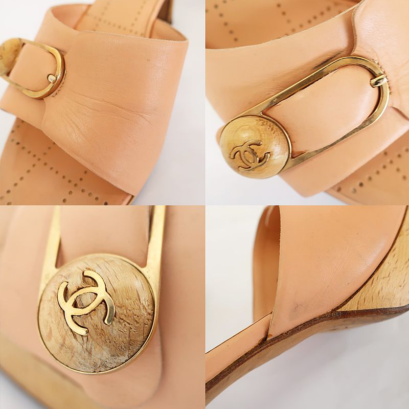 Chanel Sandals Mule Wood Button Coco Mark Pink Beige Size 35.5 — view 7