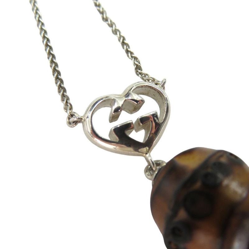 Gucci Interlocking G Heart Pendant Necklace Silver 925 Wooden Bamboo 0530 — view 4