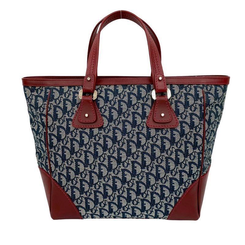 Christian Dior Logo Trotter Pattern Canvas Leather Handbag Tote Bag