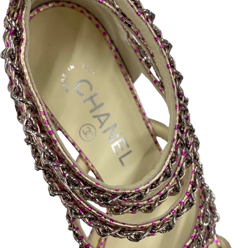 Chanel Sandals Shoes Leather Pink Silver Coco Mark Chain Dot Metallic — view 7