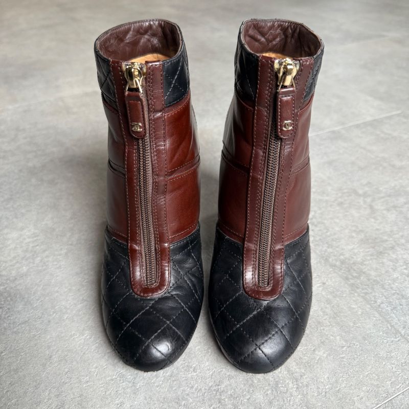 Chanel Quilted Coco Mark Zip Up Boots Leather Brown Black Bicolor 37 C — view 6