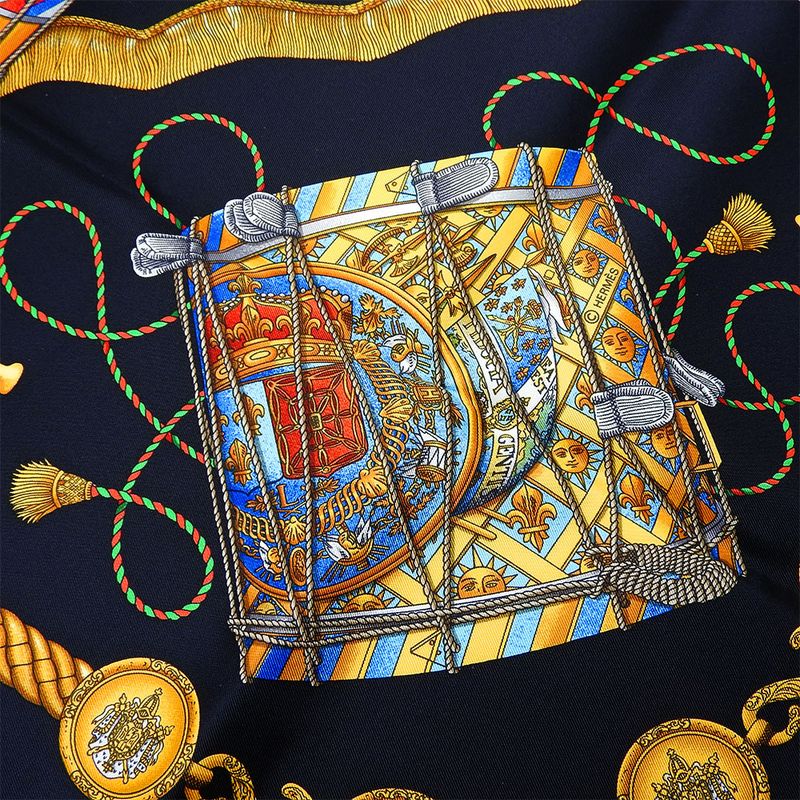 Hermes Scarf Carre 90 Silk Black Gold LES Tambours Tambour Drums — view 5