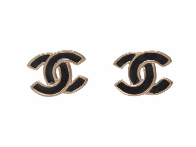 Chanel CC Logo Earrings 02 Black Gold Frame