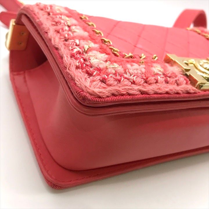 Chanel CC Logo Tweed Lambskin Chain Shoulder Bag Pink Gold — view 5