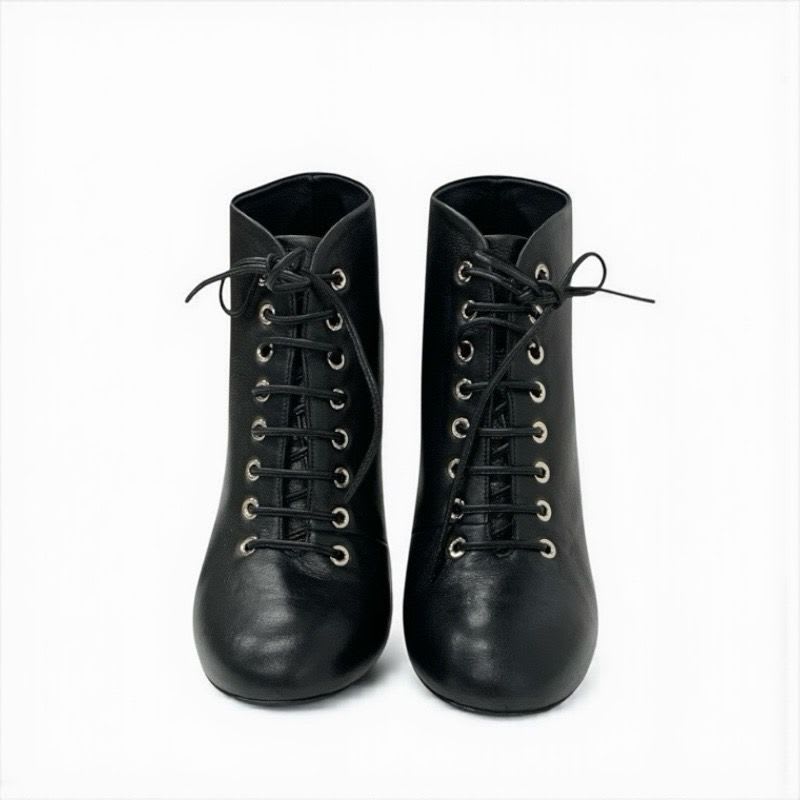 Chanel Boots Short Shoes Leather Black Booties Lace Up Coco Mark Pearl — view 2
