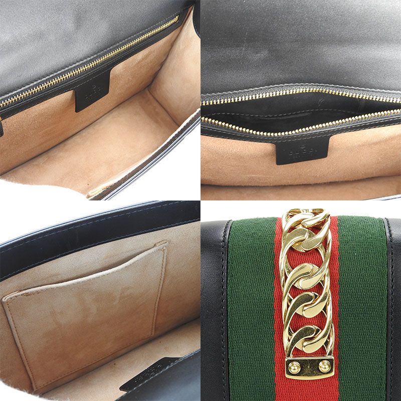 Gucci Shoulder Bag Sylvie Small Webline Leather Black Gold Hardware — view 8
