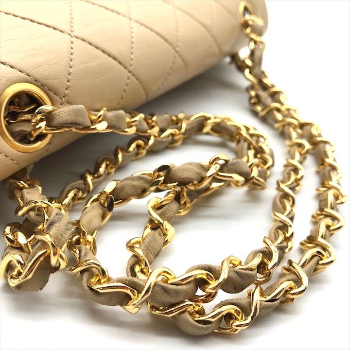 Chanel CC Logo Quilted Double Flap Chain Lambskin Shoulder Bag Beige — view 6