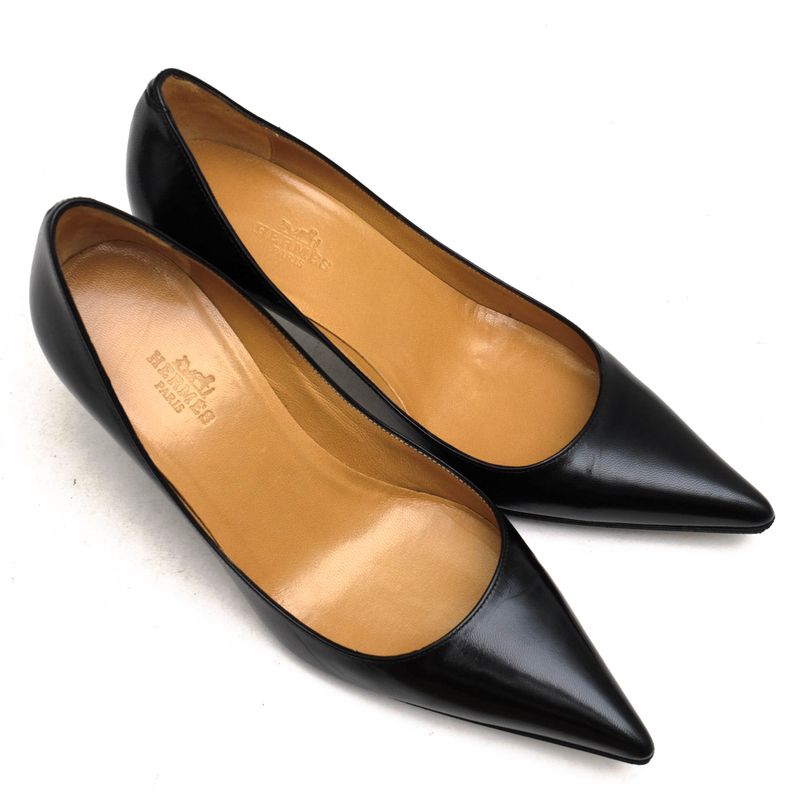 Hermes Pumps Shoes Women Leather Black Pointed Toe — view 3