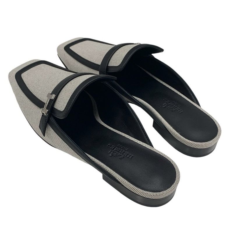 Hermes Groupie Flat Shoes Canvas Leather Black Mule Slipper Sandals — view 4