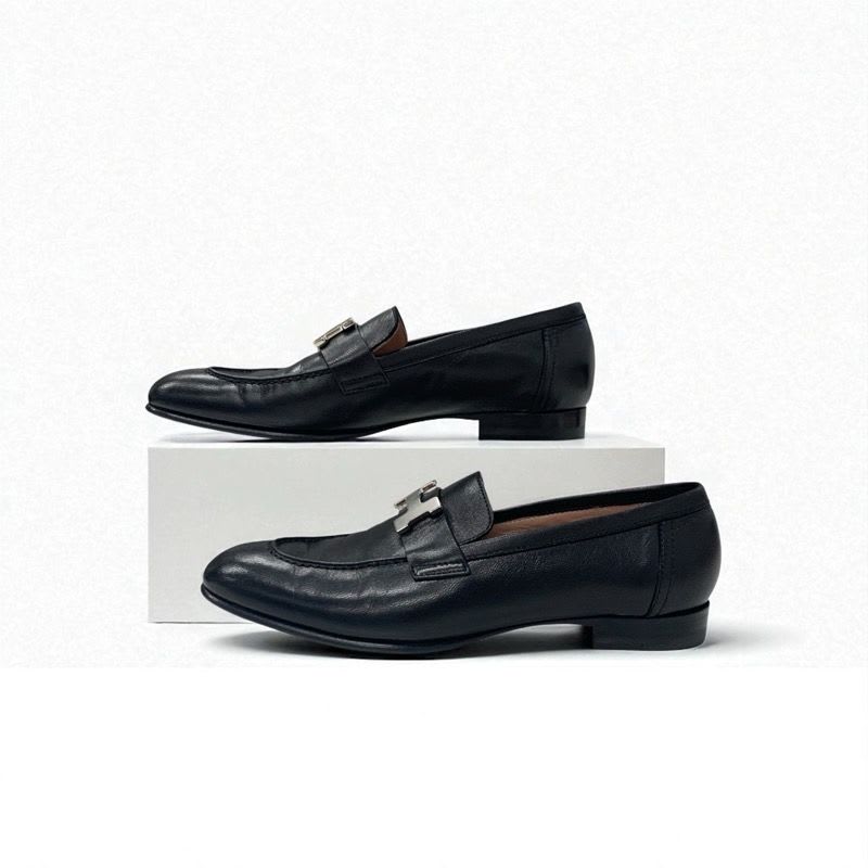 Hermes Paris Loafers Shoes Leather Black Silver Moccasins Flat Hhardware — view 3