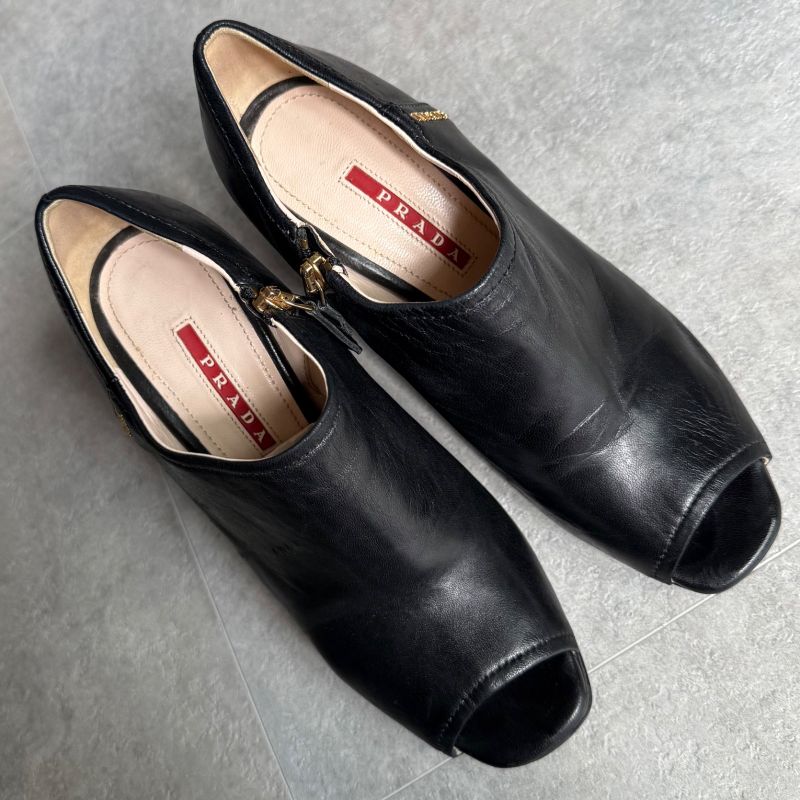 Prada Leather Wedge Sole Logo Booties 35 1 2 Short Boots Black — view 2