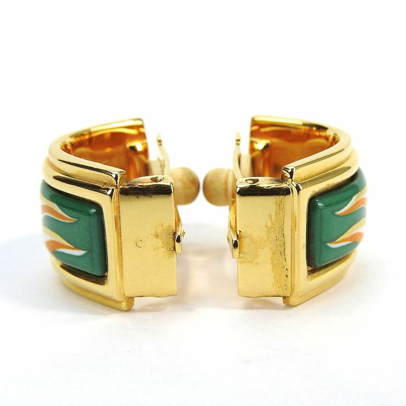Hermes Earrings Emile Green Gold Cloisonne GP Plating Accessories Jewelry Small — view 3