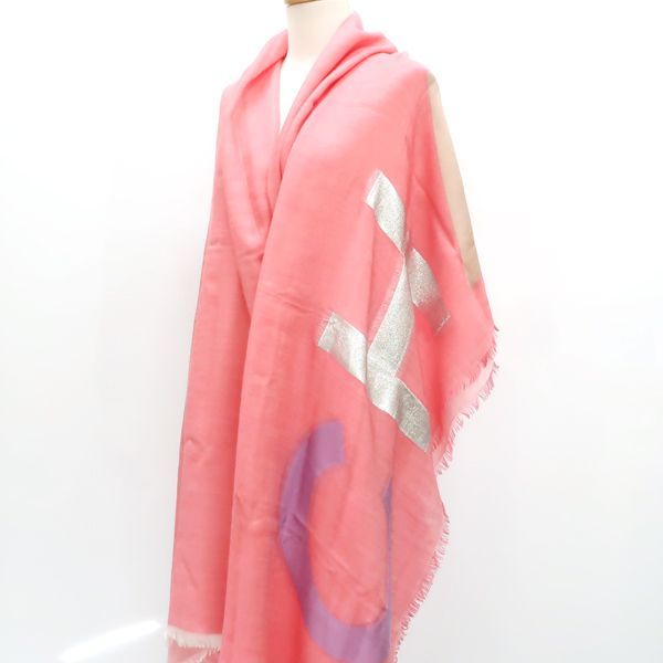 Chanel Shawl Cashmere Silk 120 200 cm Pink Logo Coco Mark — view 6