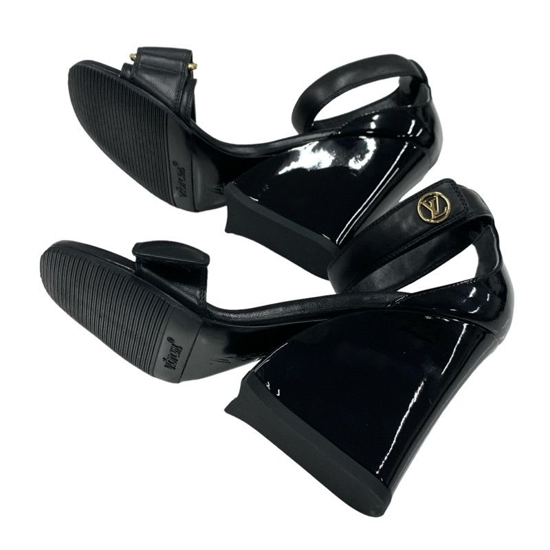 Louis Vuitton Stellar Line Sandals Shoes Leather Patent Black Gold Logo Strap — view 6