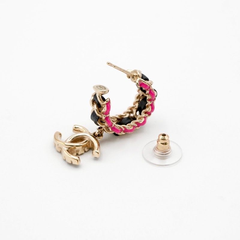 Chanel Earrings Gold Black Pink Coco Mark Hoop — view 6